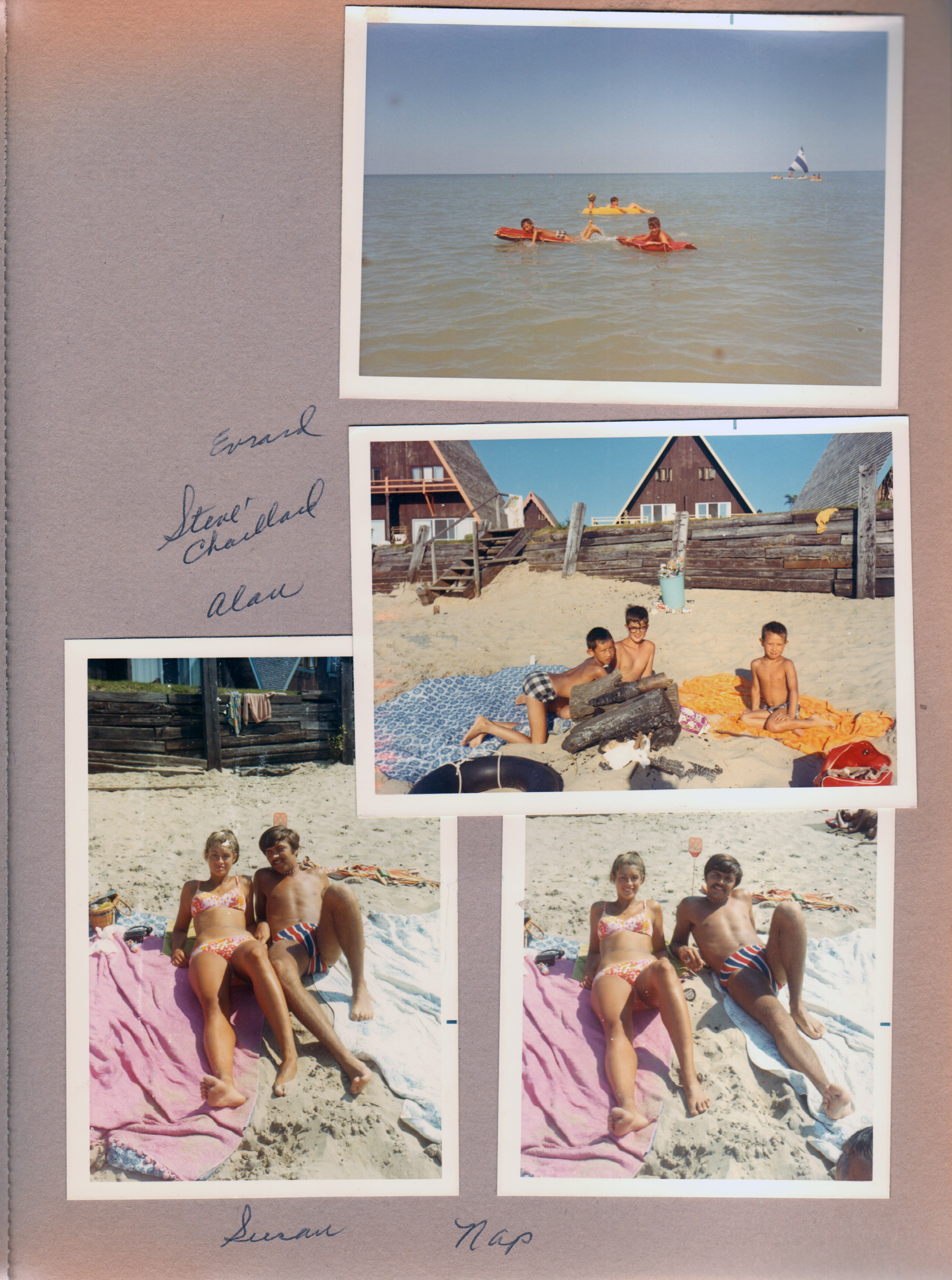 Chalet on the Lake - on rafts - Evrard, Steve, Alan. Susan and Rap (Nap?) on beach.
