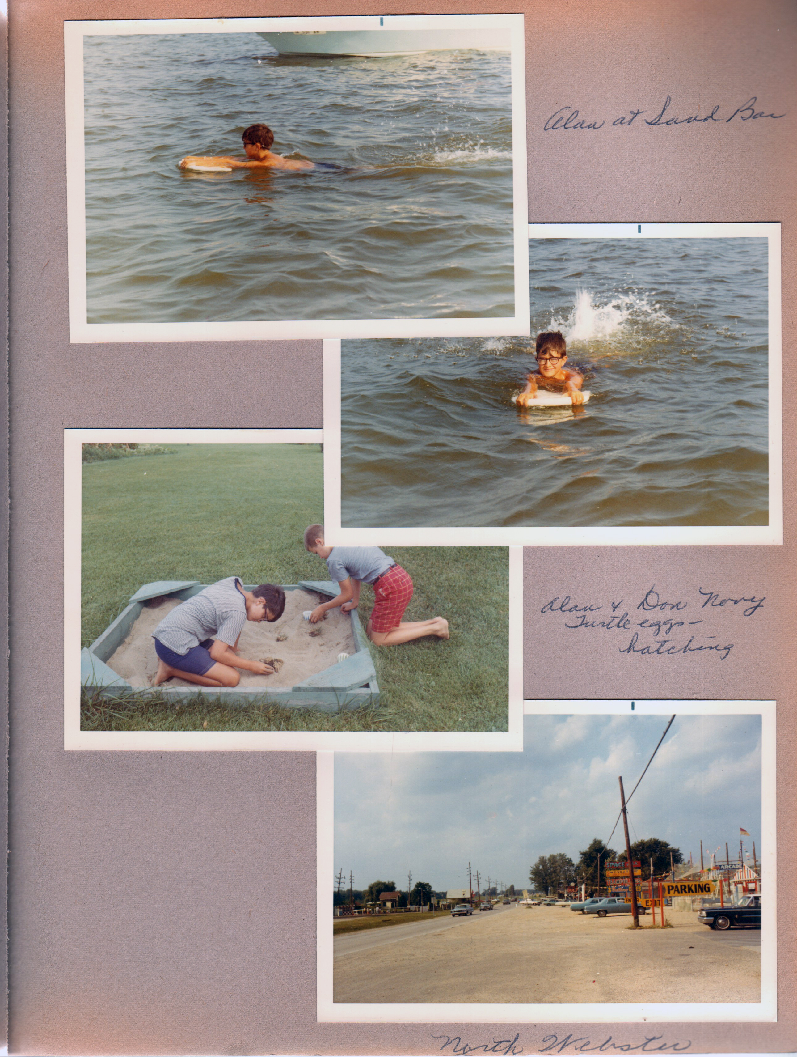 Wawasee - Alan at the sand bar. Alan and Don Novy turtle eggs hatching. North Webster amusement park.