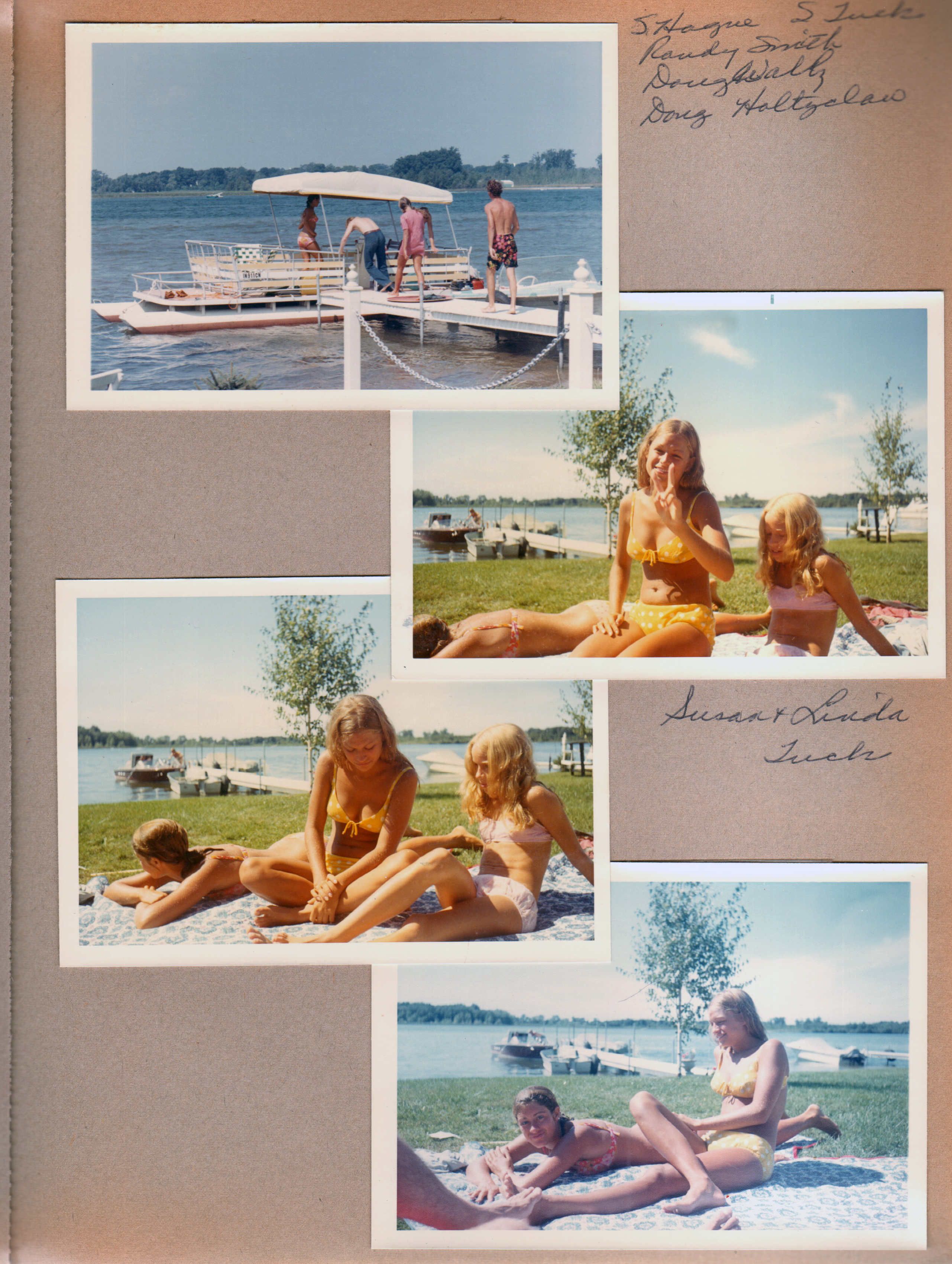 Wawasee - pontoon. S Hague, S Tuck, Randy Smith. Doug Waltz, Doug Holtzclaw. Susan and Linda Tuck in yard.