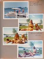 Wawasee - pontoon. S Hague, S Tuck, Randy Smith. Doug Waltz, Doug Holtzclaw. Susan and Linda Tuck in yard.