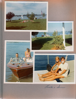 Wawasee - front yard. John and Susan in Chris Craft. Linda Tuck and Susan Scherrer blowing bubbles