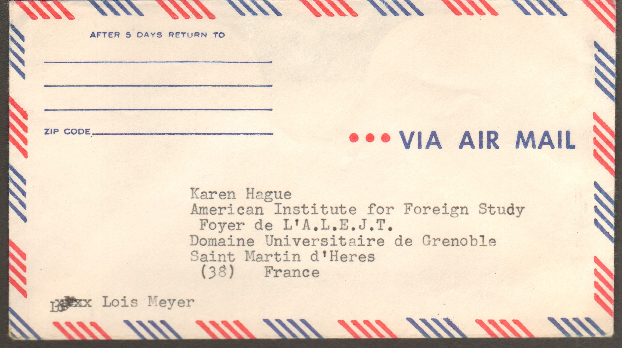 envelope for Karen Hague in France