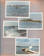 Wawasee - water skiing. Four boats at pier.