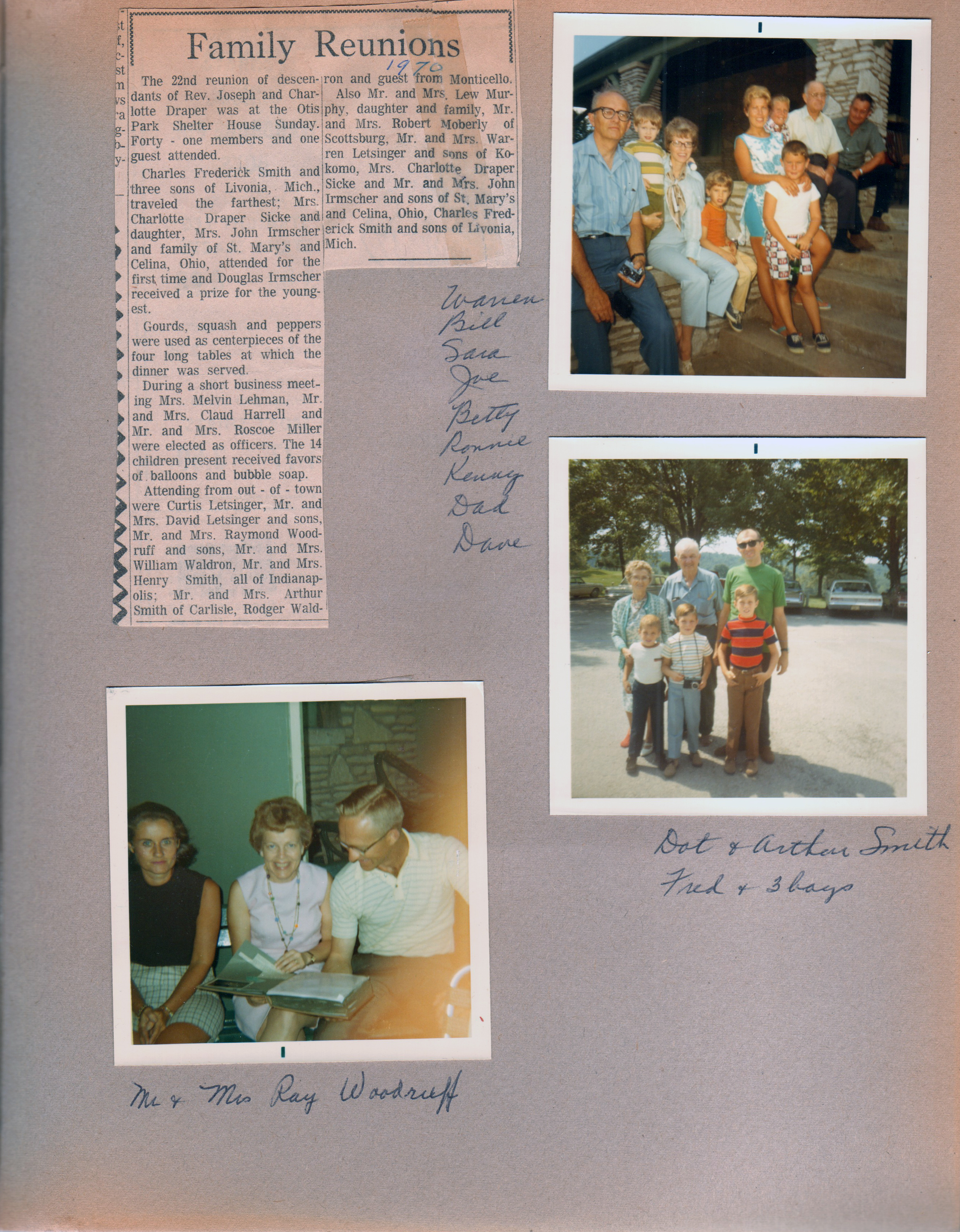 newspaper clipping - Draper Reunion. Draper Reunion - Otis Park Bedford - Warren, Bill, Sara, Joe, Betty. Ronnie, Kenny, Curt, Dave.  Dot and Arthur Smith, Fred and 3 boys. Mr and Mrs Ray Woodruff and Rosemary.