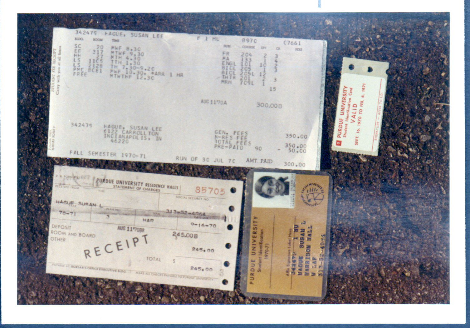 Susan schedule, receipt, id from Purdue