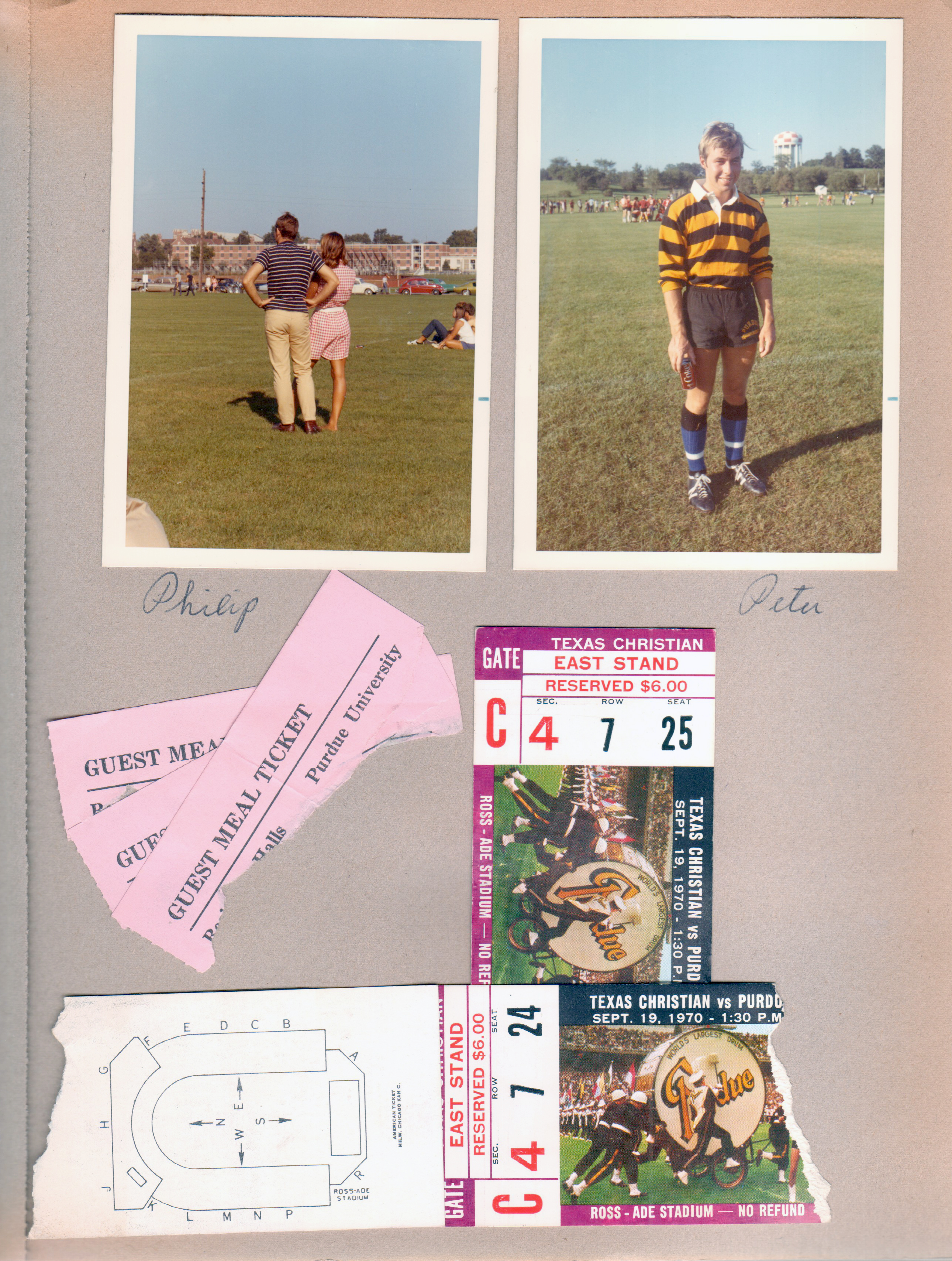 Purdue - rugby game - Susan, Philip. Peter. Harrison Hall guest meal tickets. Football tickets.