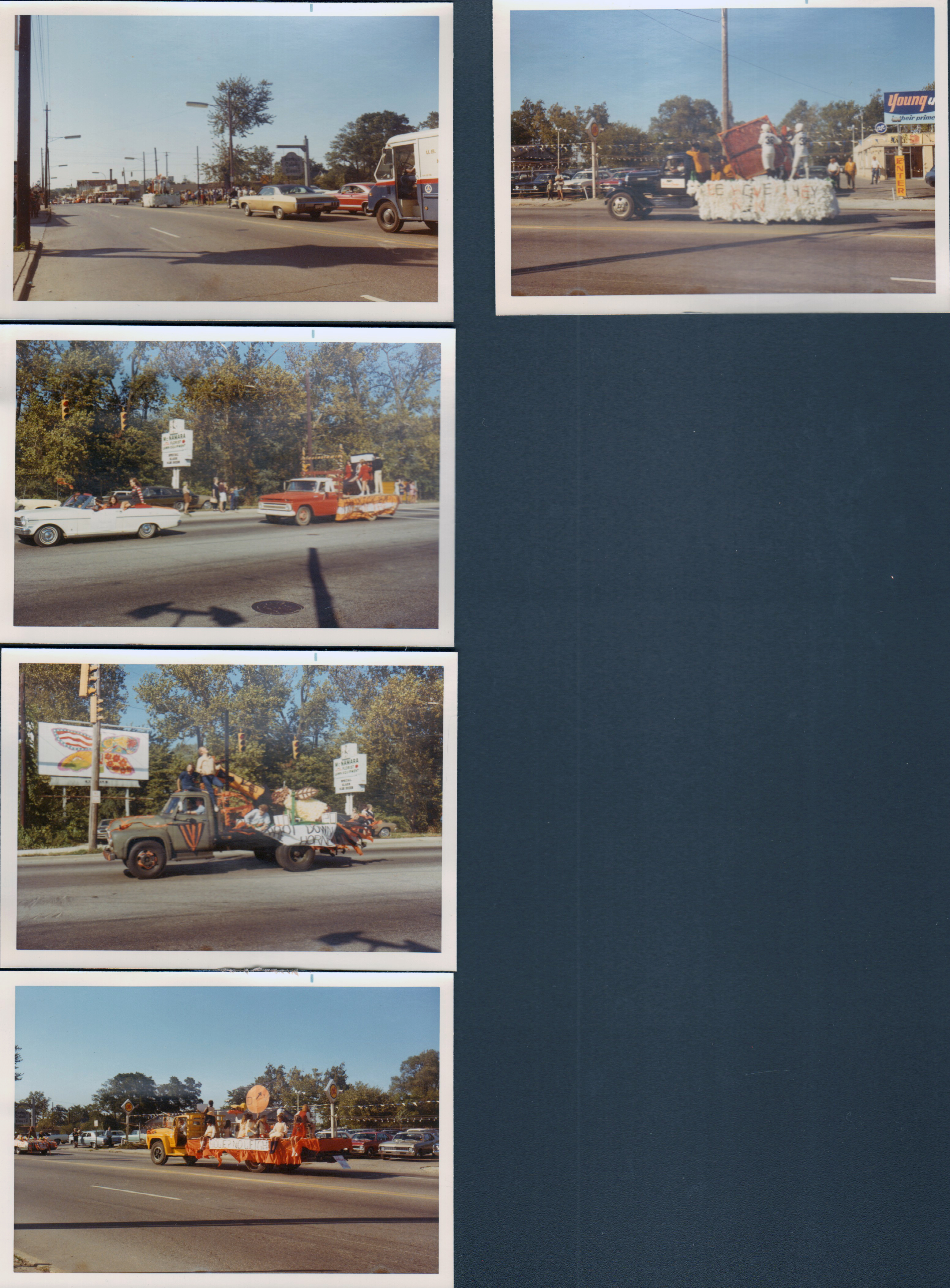 BRHS Homecoming parade - Broad Ripple Avenue - marching band. McNamara sign. Borky's Colony House sign. Dan Young Used Cars. Peter Max butterfly 7-up billboard.