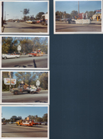 BRHS Homecoming parade - Broad Ripple Avenue - marching band. McNamara sign. Borky's Colony House sign. Dan Young Used Cars. Peter Max butterfly 7-up billboard.