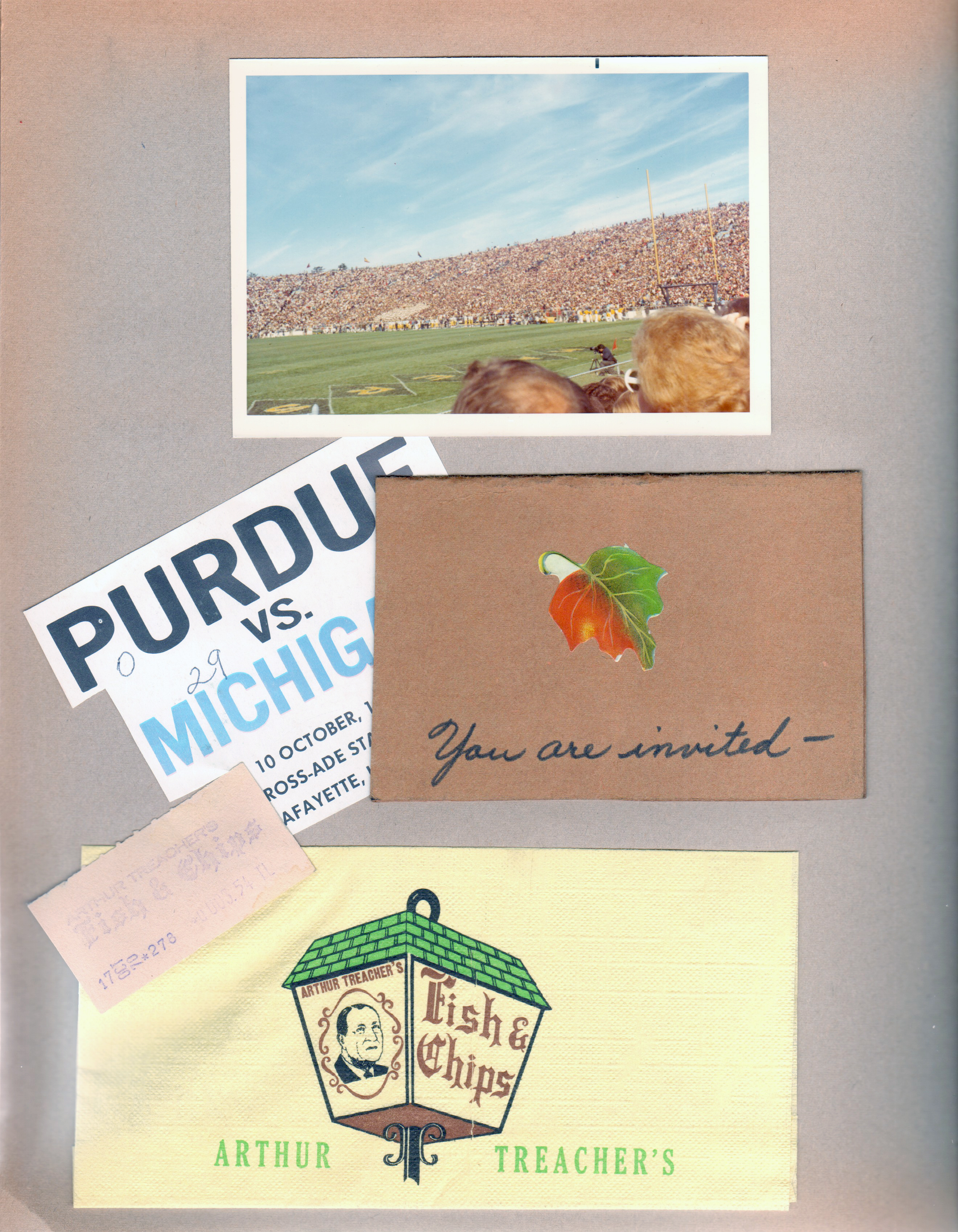 Purdue - football game. invitation. Arthur Treacher's Fish and Chips napkin and receipt.
