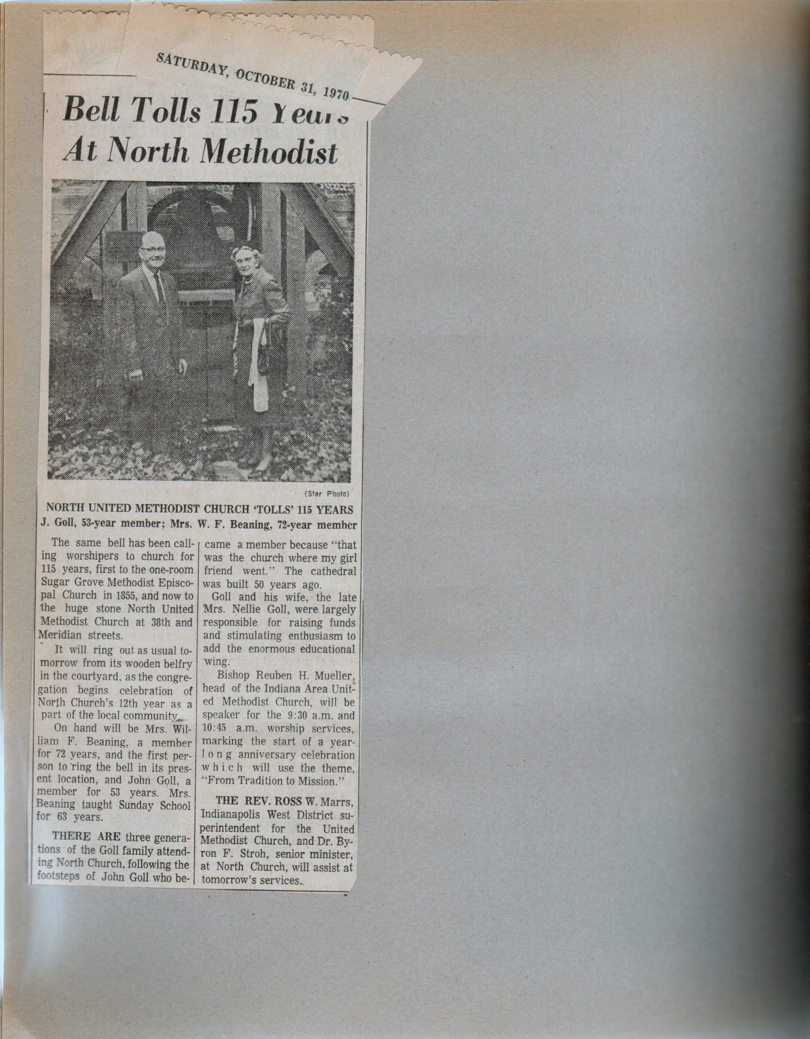 newspaper clipping - North United Methodist Church bell 155 years - Goll and Beaning