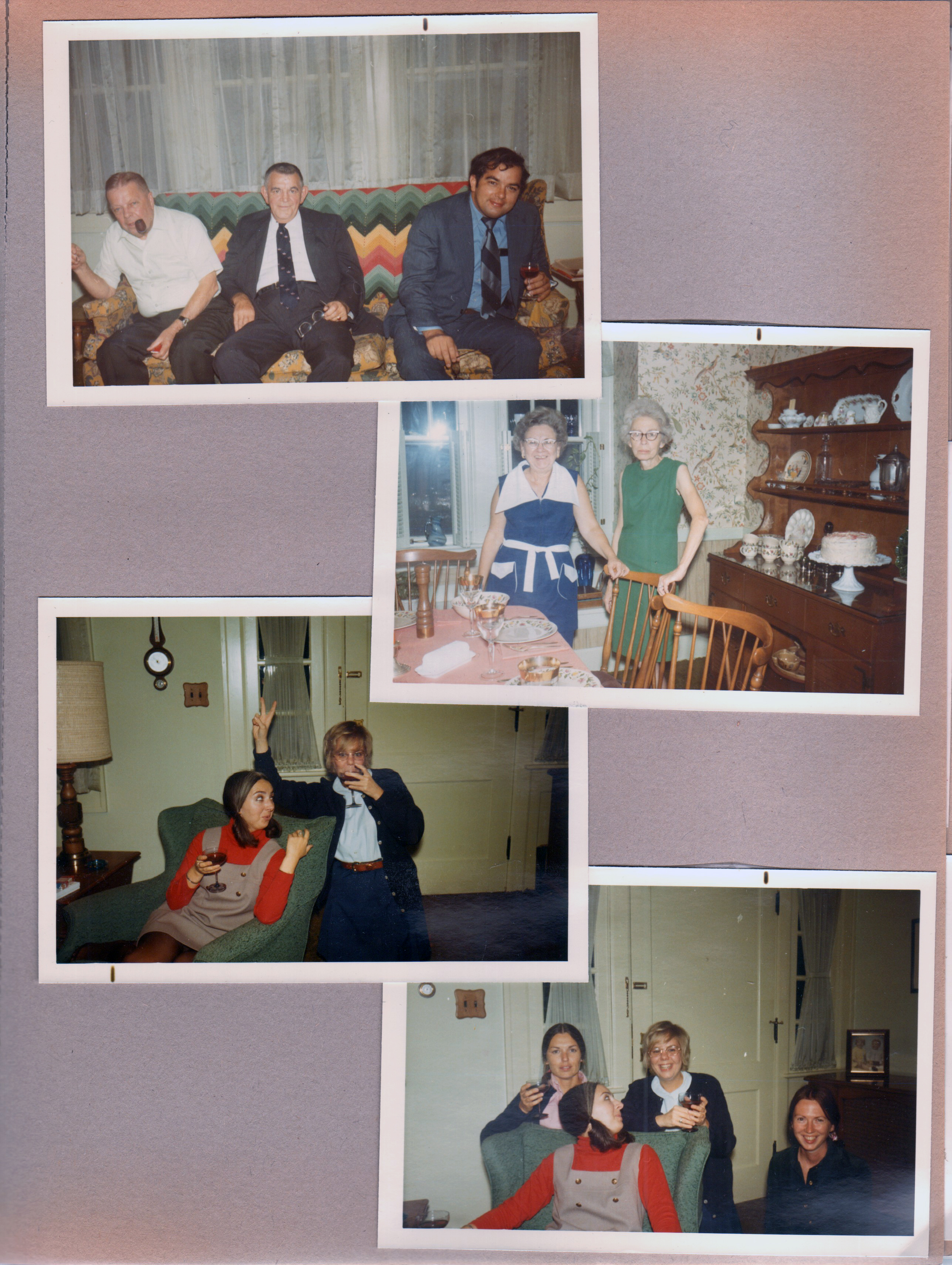 6123 Carrollton - Brawner's house - living room - Bob, ???, David Young. Flora and Louise Williams in dining room. Virginia 