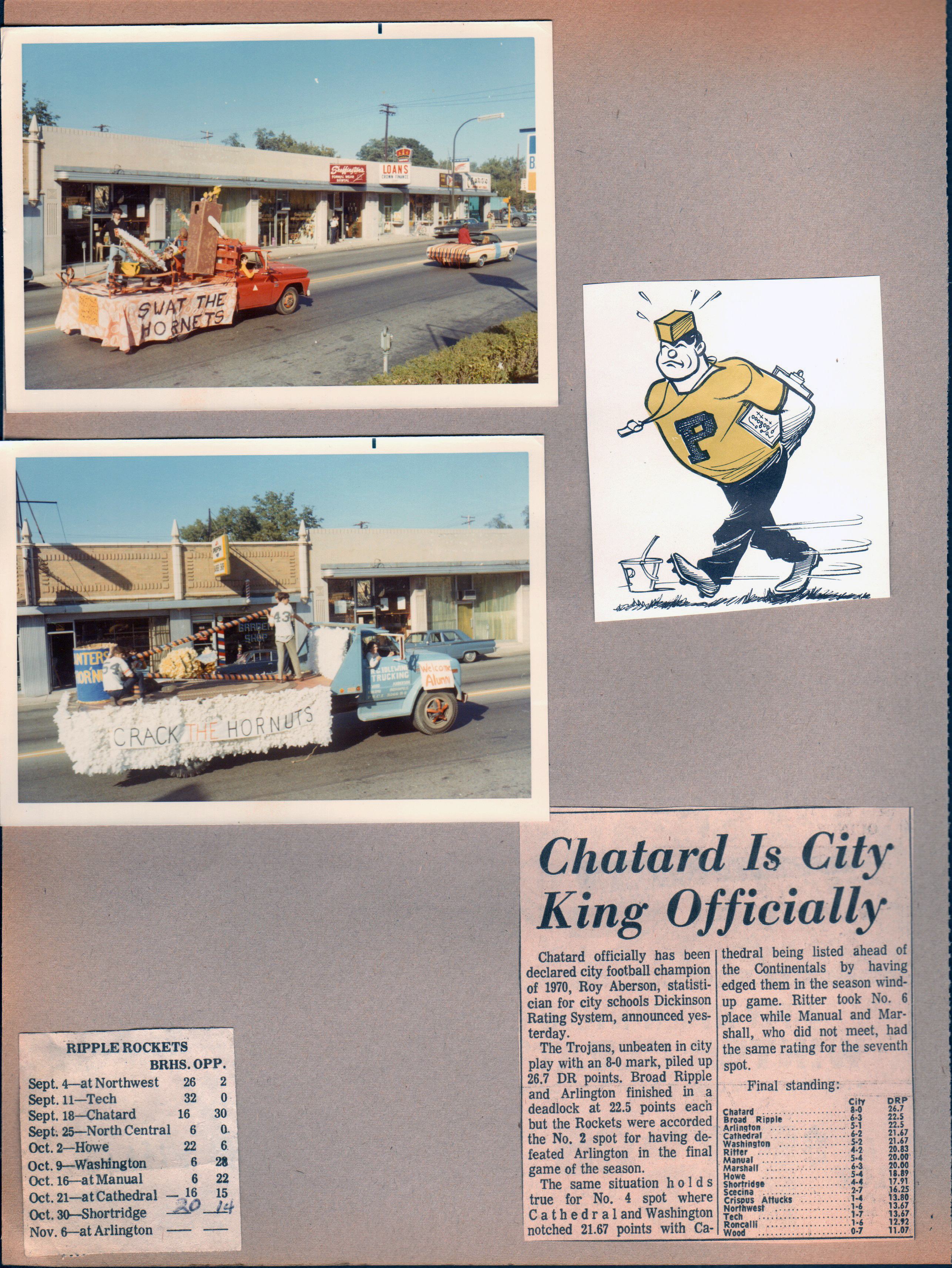 BRHS Homecoming Parade on BR Avenue - Skeffingtons, Crown Loans Barber Shop Pepsi sign. newspaper clipping - Chatard is king of football