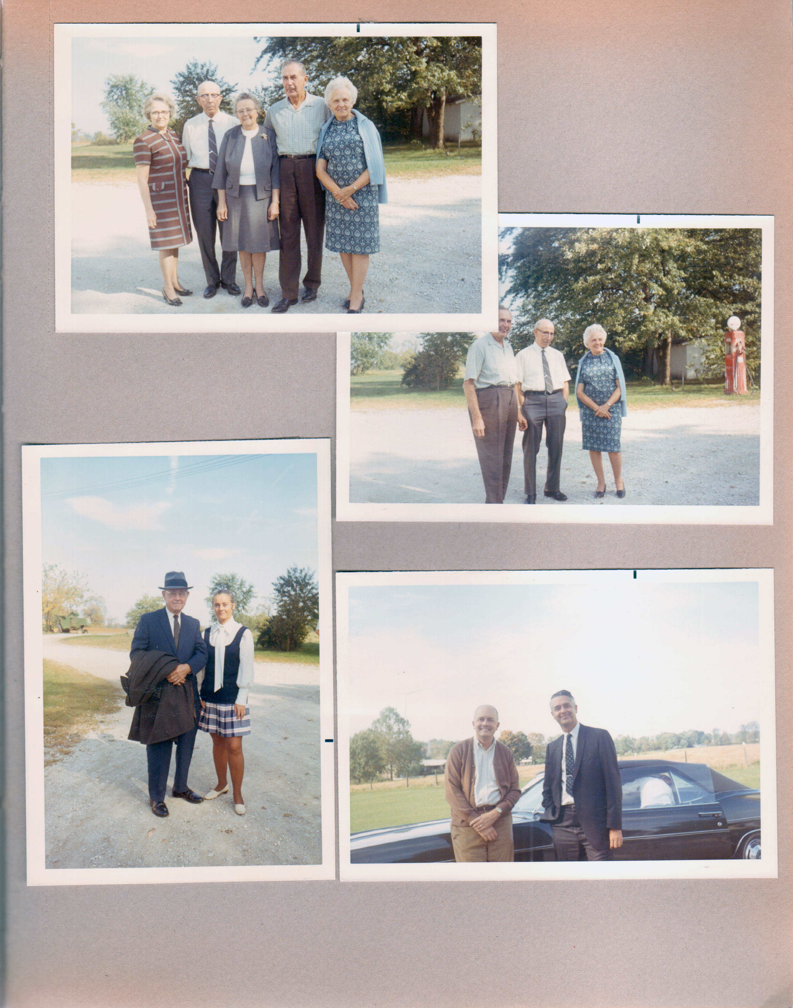 8815 Haverstick - driveway - Edith, Russell, Edna, Girstle, Helen. Gas pump. Curt and Rosemary. Glen and John.