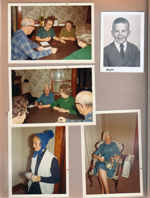 8815 Haverstick - dining room - Yahtzee Russel, Mabel, Edna, Edith.  Helen, Edith, Russell. Rosemary in cap. Helen in living room with gift. Ronnie school photo.