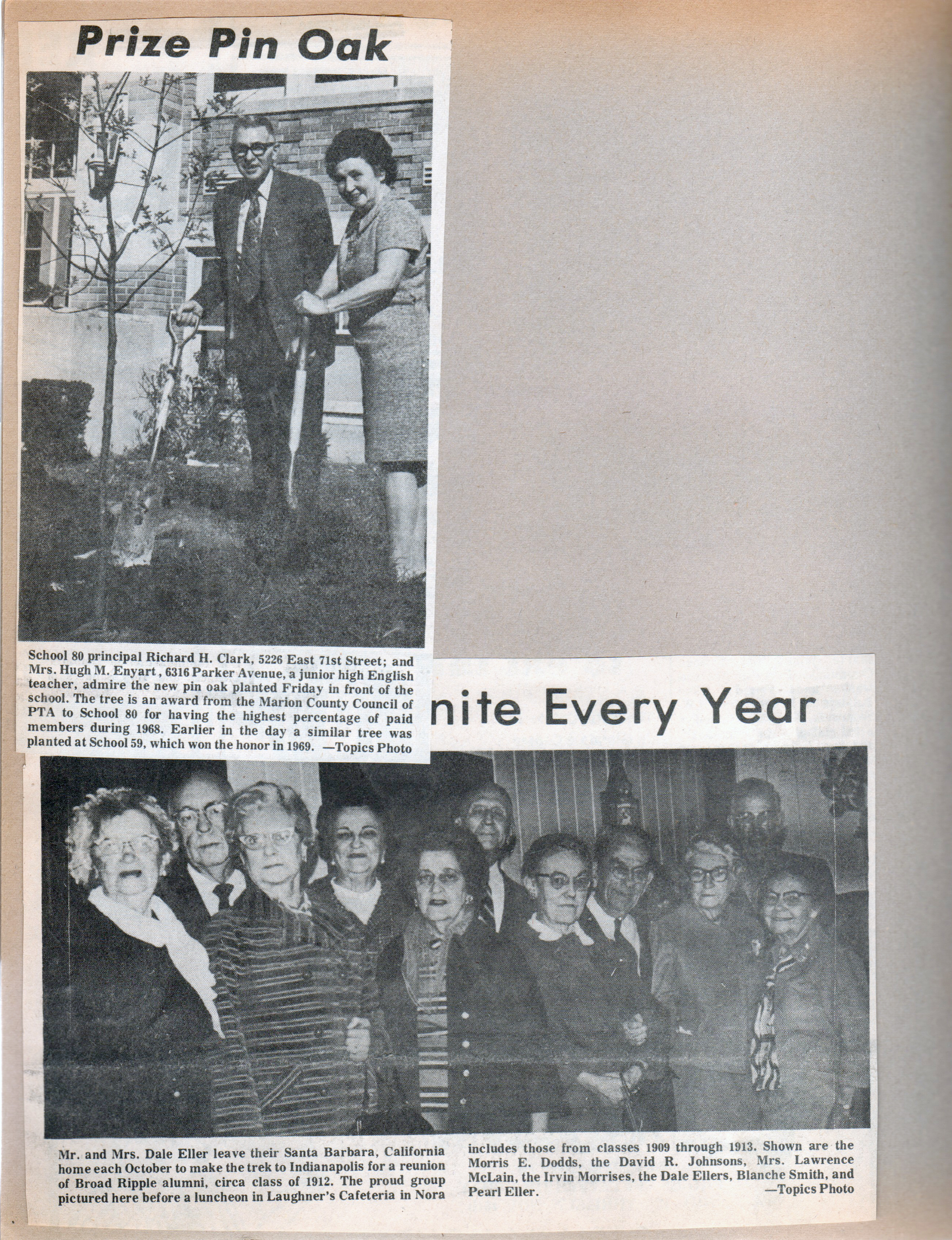 newspaper clipping - School 80 - principal Richard Clark and teacher Mrs Enyart plant a tree.BRHS reunion at Laughner's Cafeteria - Blanche Smith, Pearl Eller, Morris Dodd.