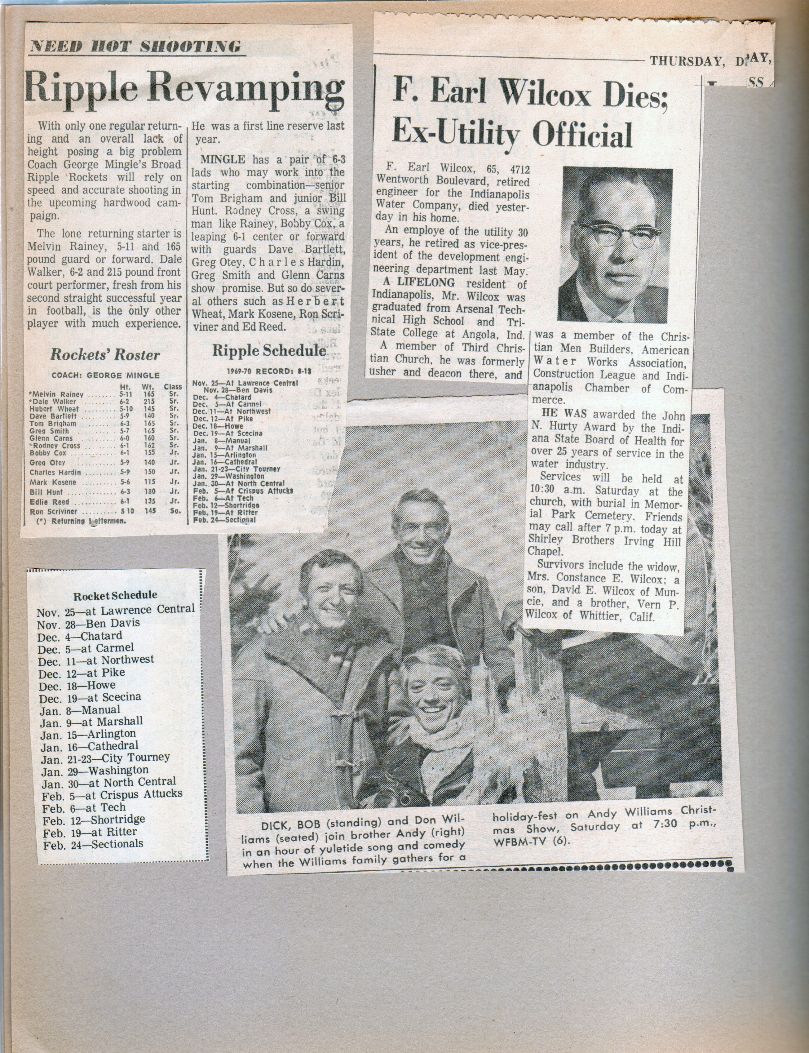 newspaper clipping - BRHS football. Earl Wilcox dies. Andy Williams special.