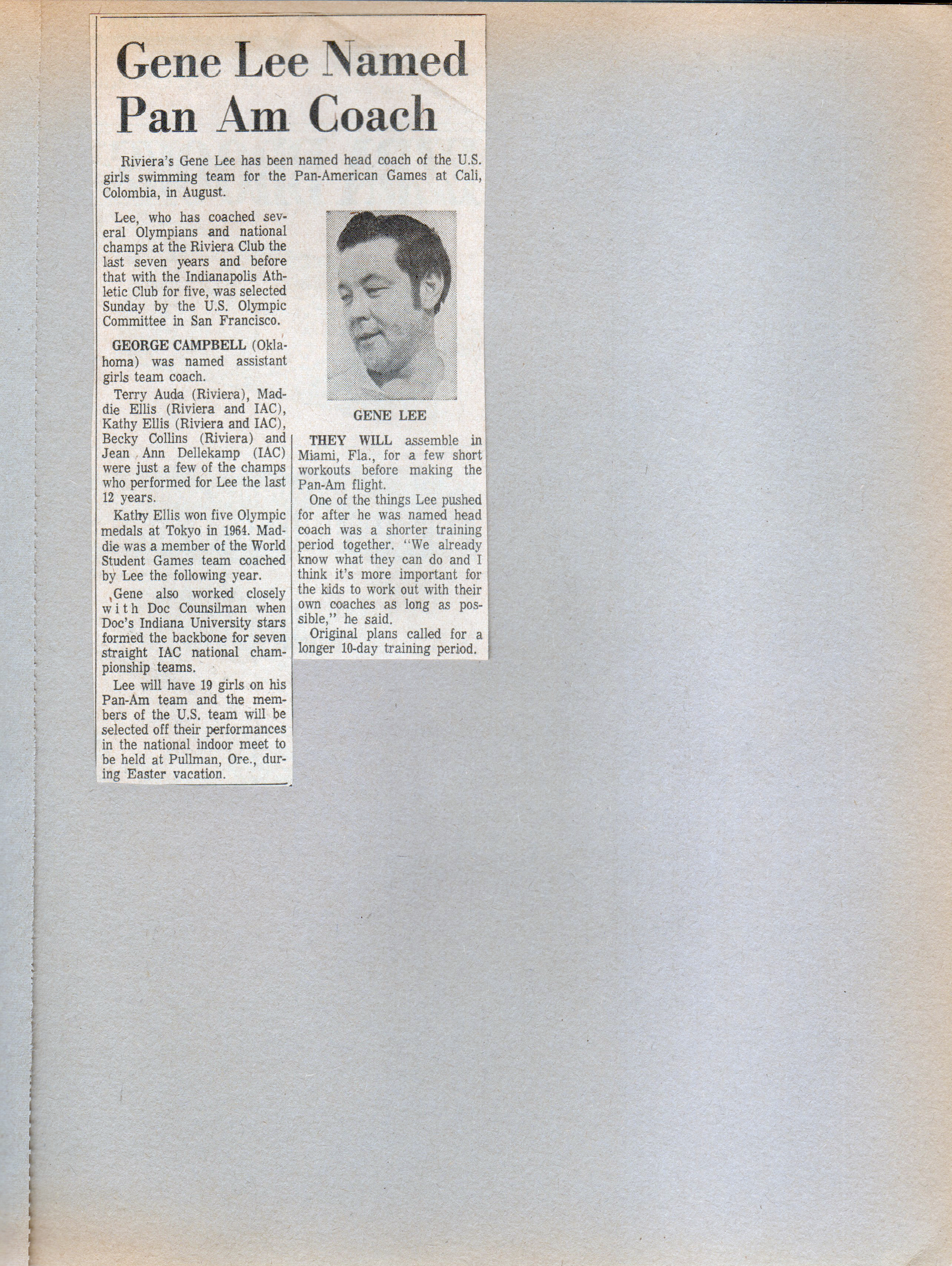newspaper clipping - Riviera Club coach Gene Lee named for Pan Am Games.
