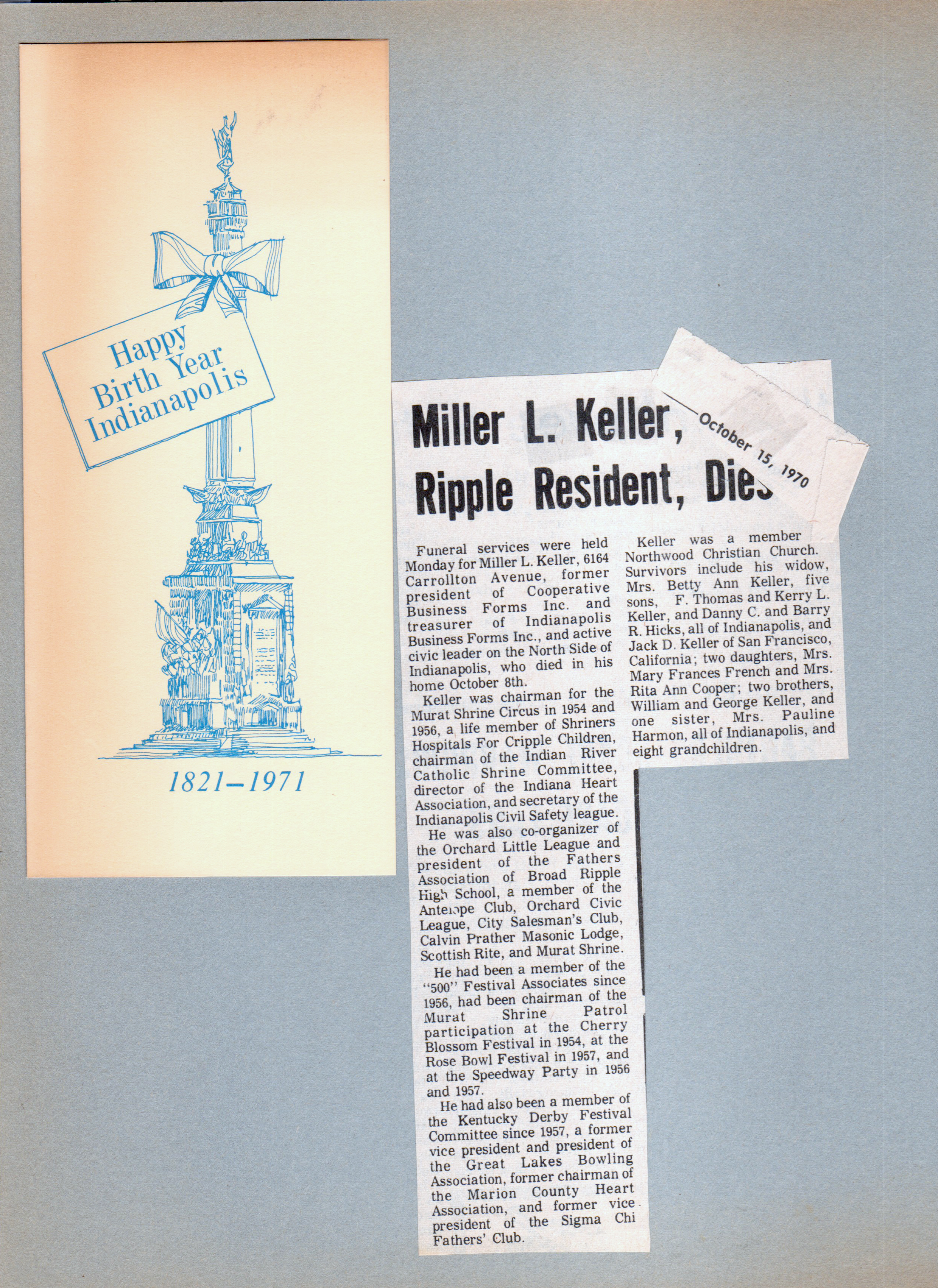 Happy Birth Year Indianapolis 1821-1971. newspaper clipping - Miller Keller Broad Ripple resident dies 6164 Carrollton.