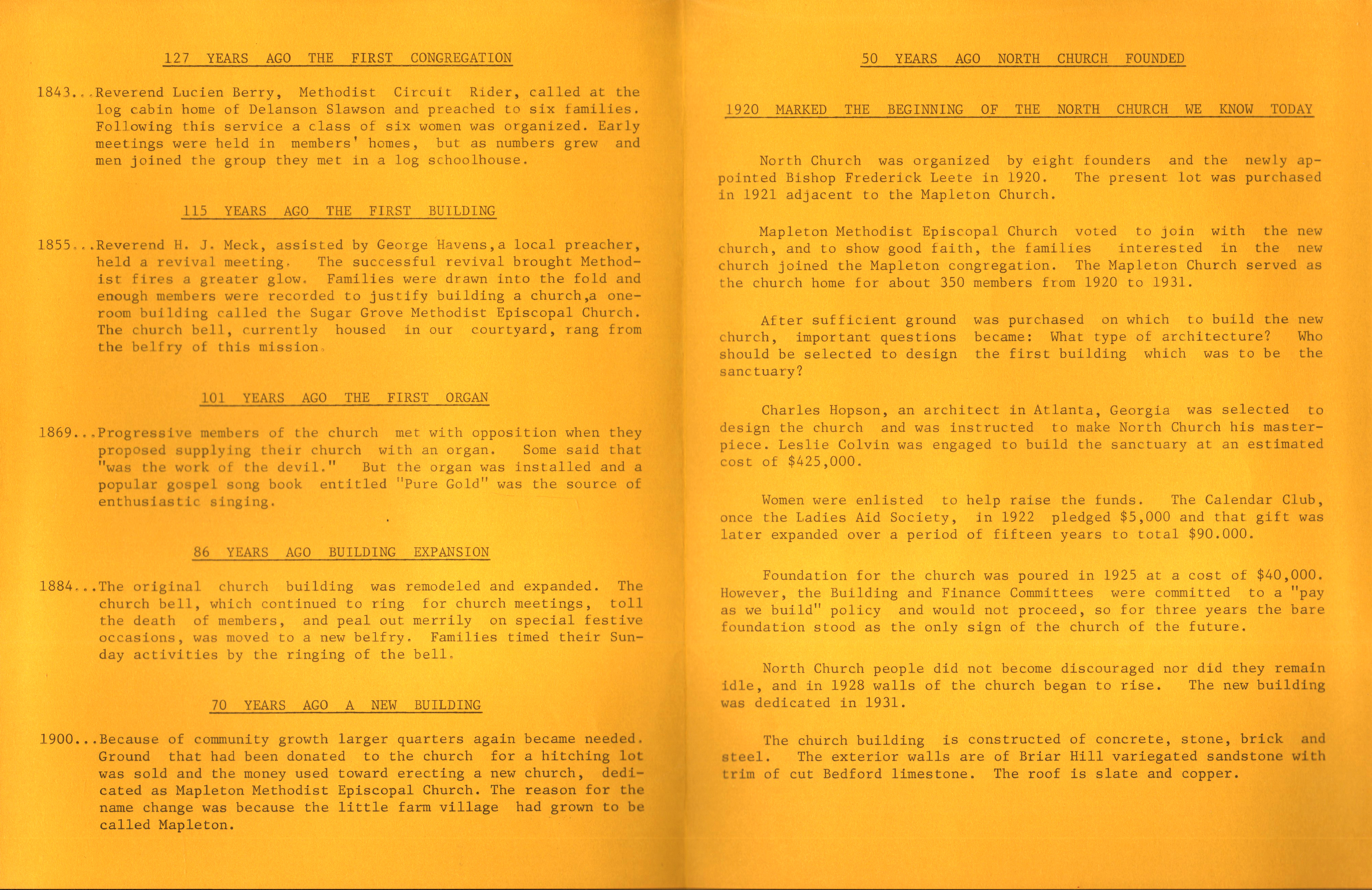 North United Methodist Church program Nov 1 1970 - church history timeline