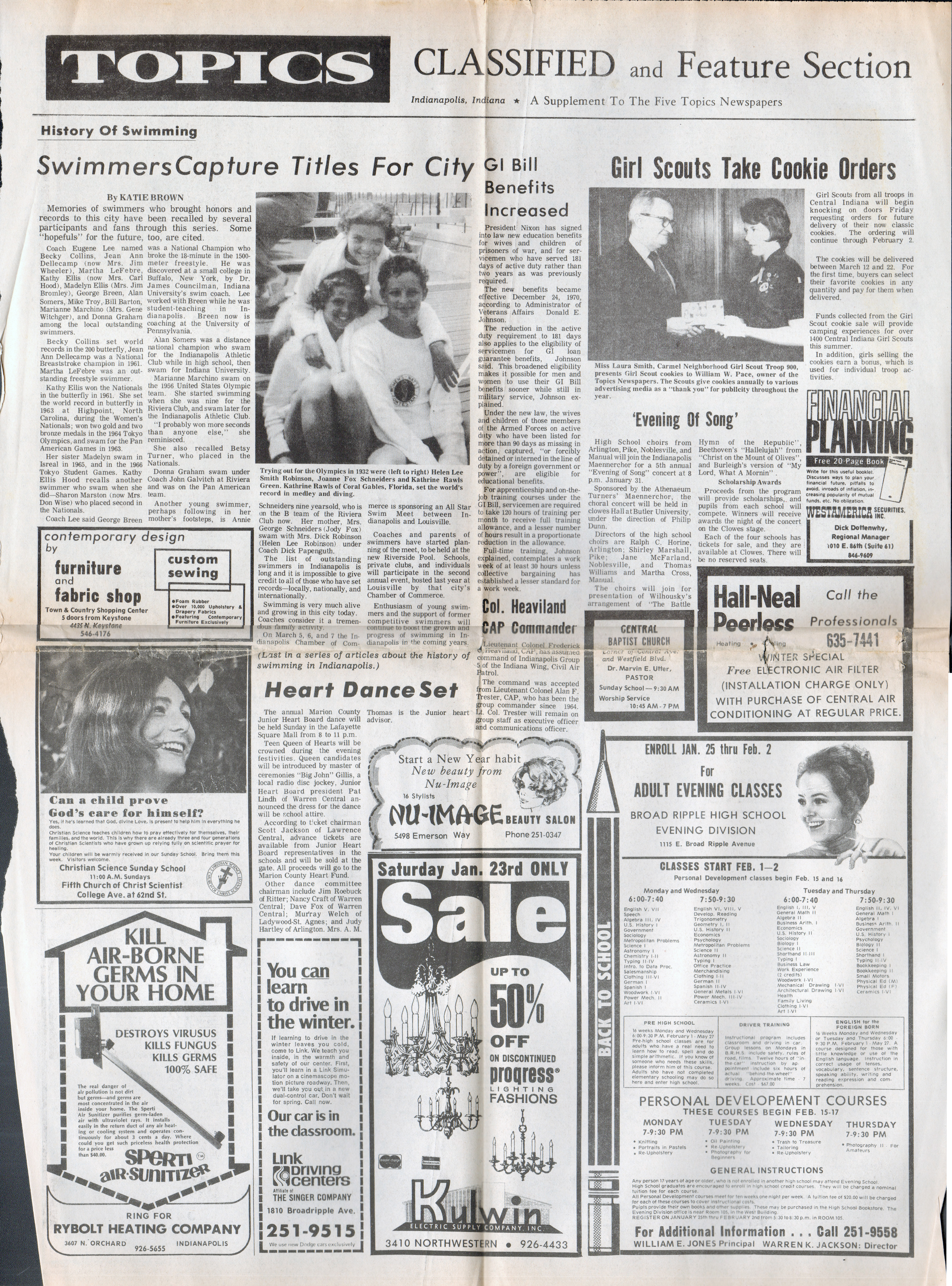 newspaper clipping - Topics - swimming titles. BRHS night classes ad. Link driving School ad.