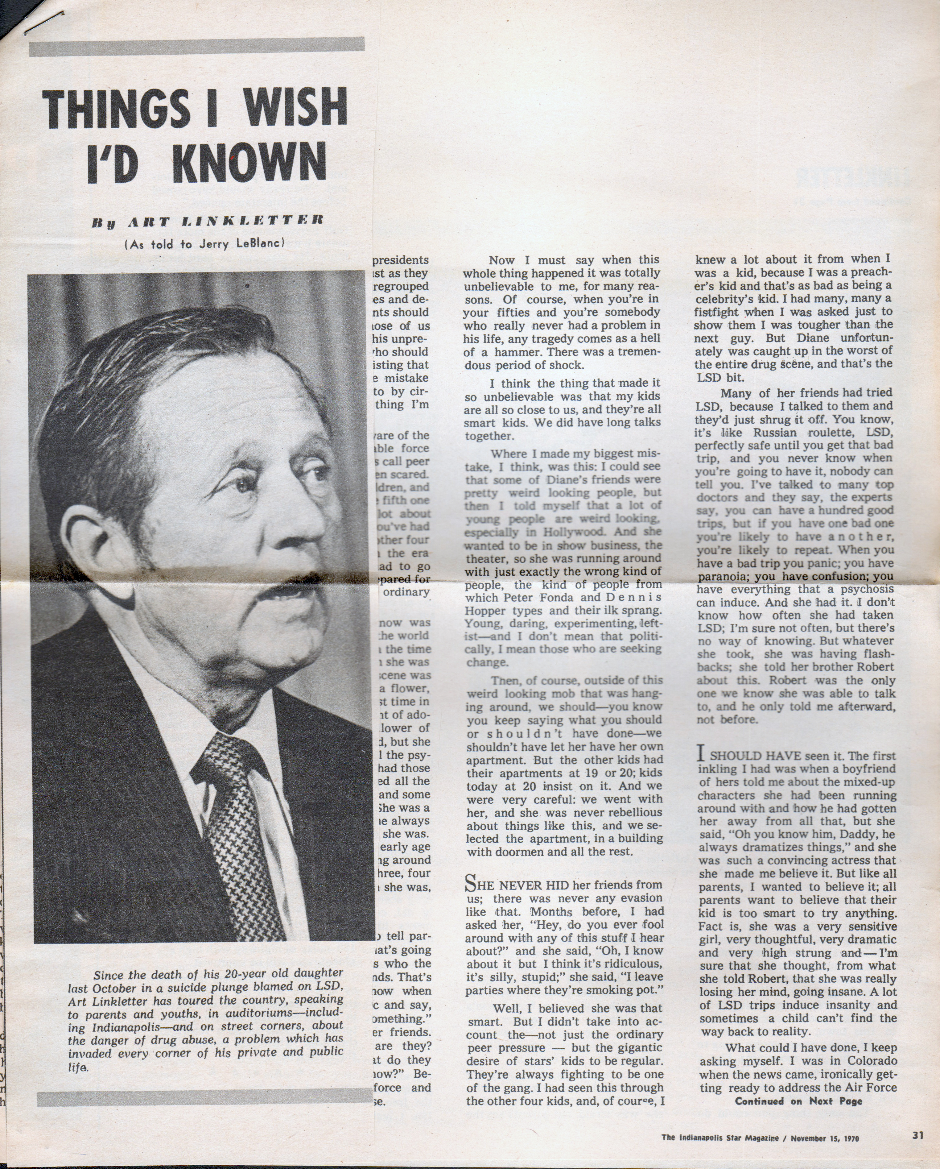 magazine clipping - Art Linkletter - Things I Wish I'd Known