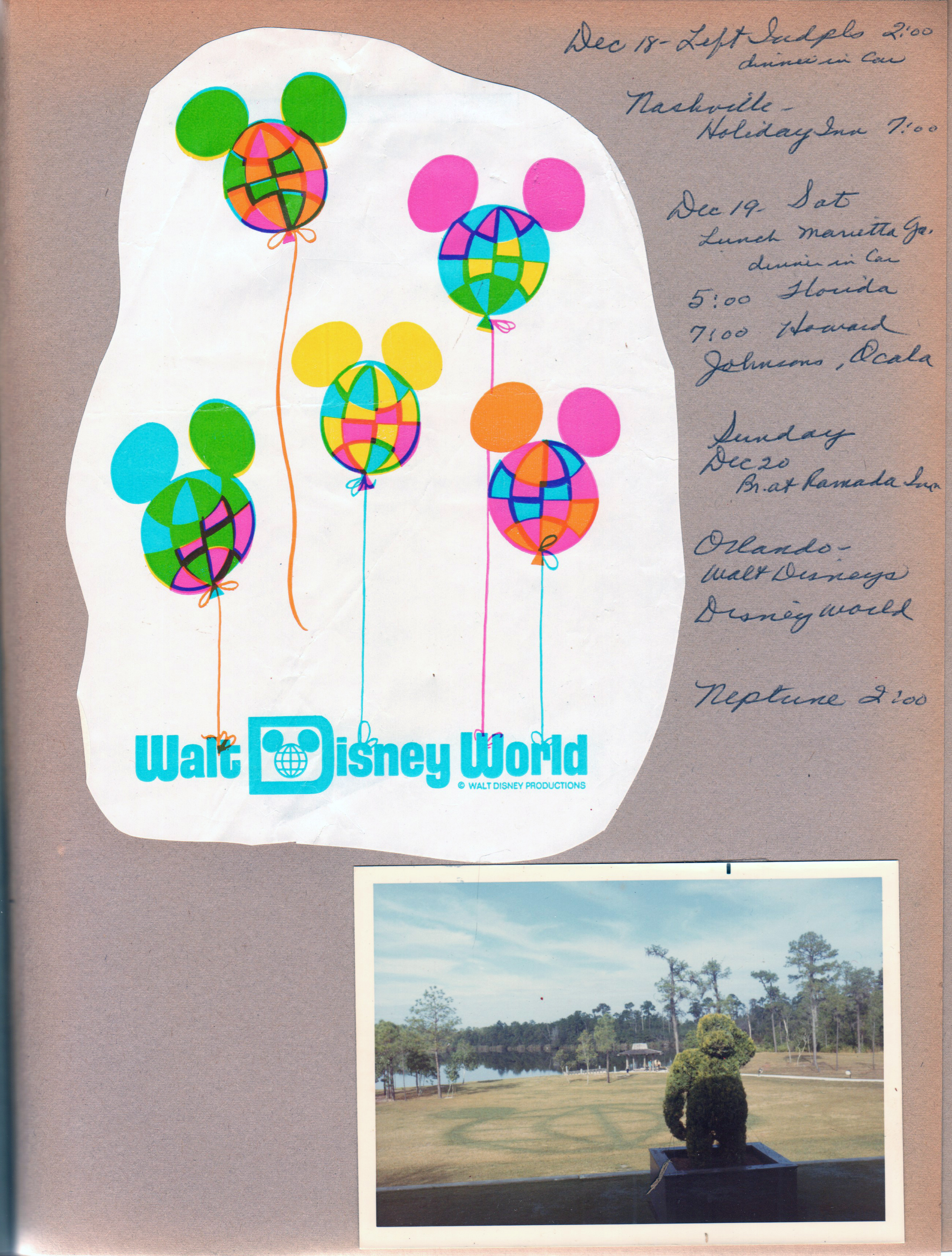 cut out artwork from WDW bag. Trip notes - Nashville, Marietta, Ocala, Orlando, Neptune. Topiary