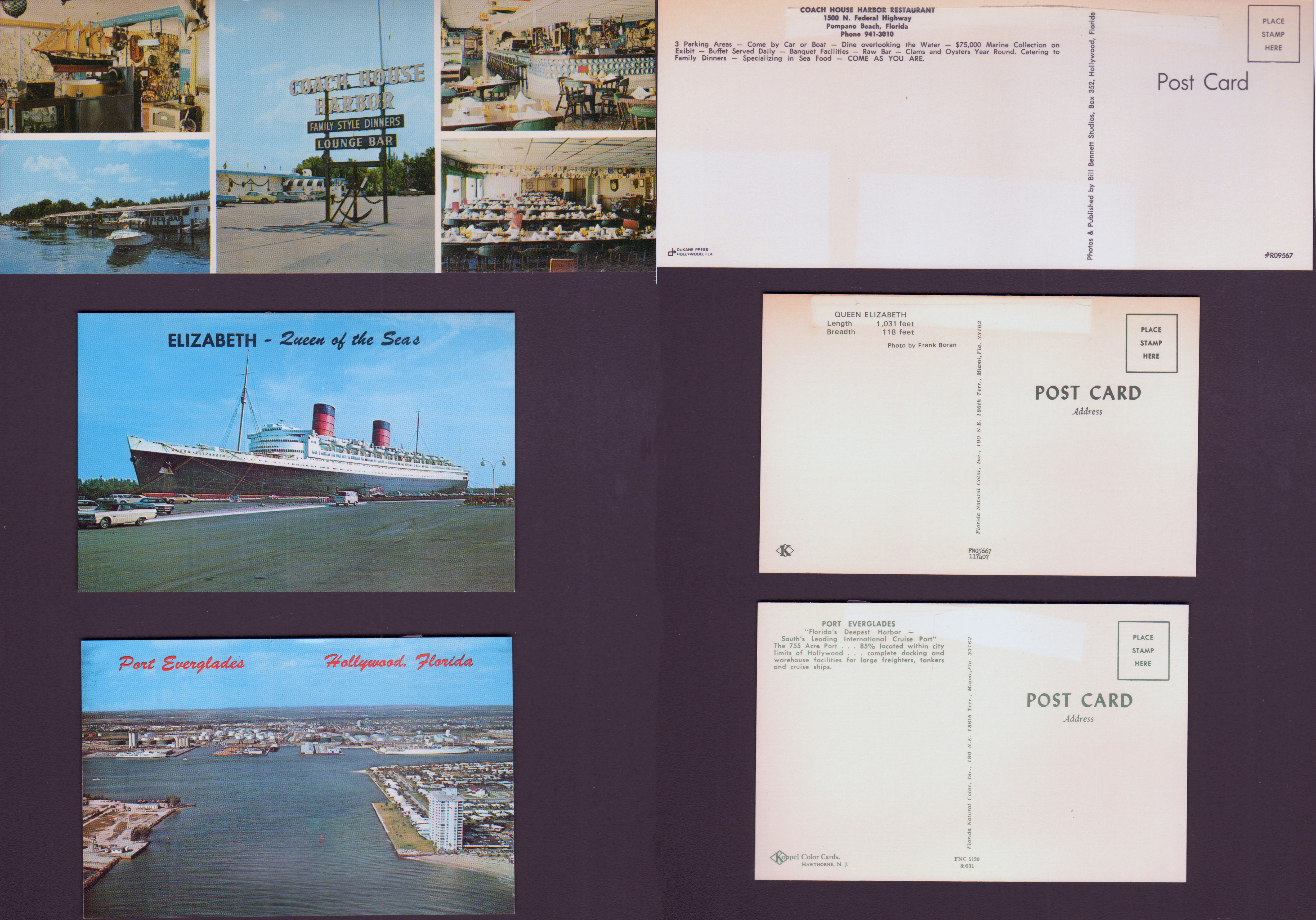 postcard Conch House Harbor Restaurant R09567.   postcard Elizabeth - Queen of the Seas FNC5667 117407.  postcard Port Everglades, Hollywood Florida FNC 5130 89331.