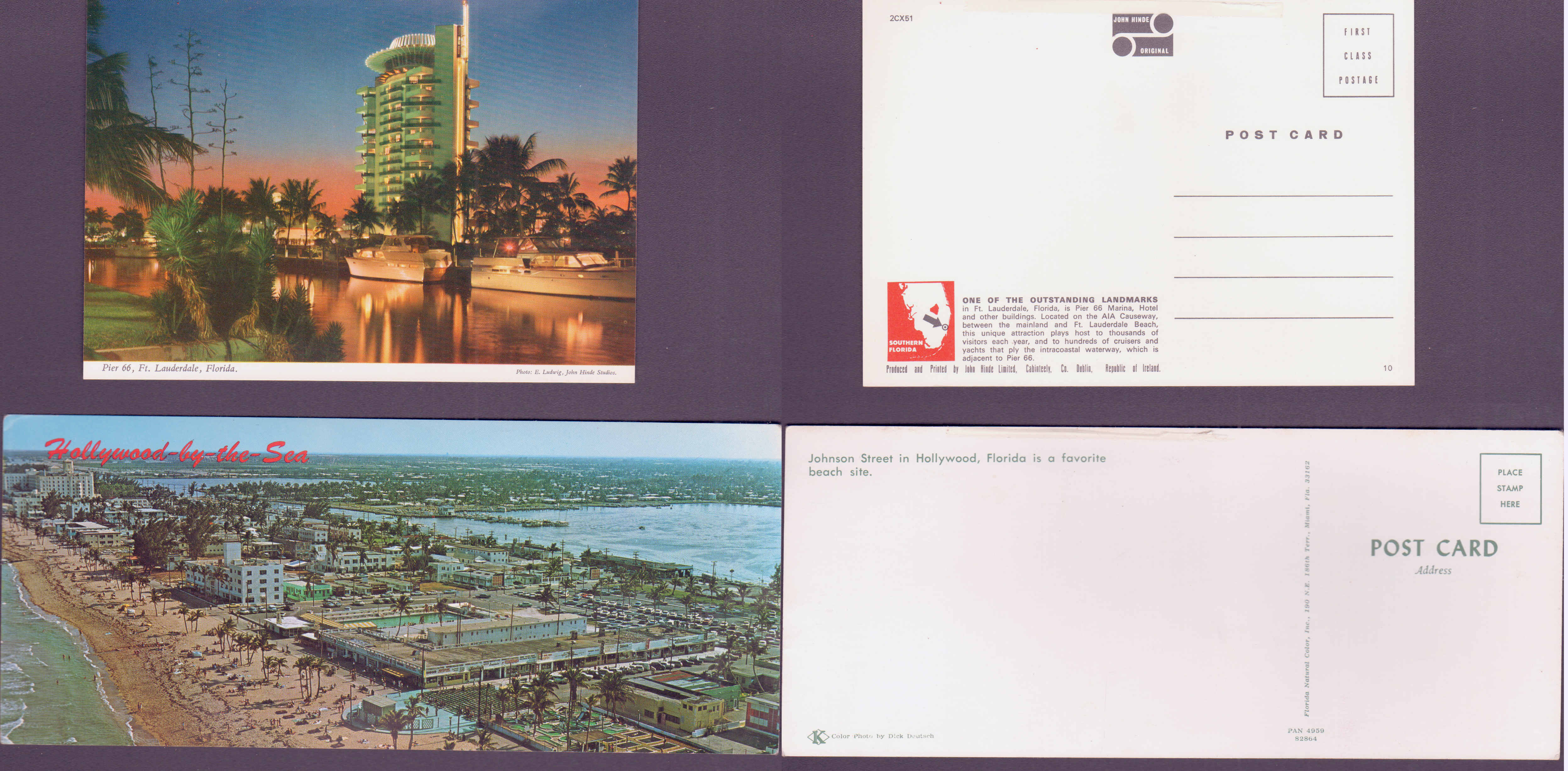postcard Hollywood-by-the-Sea Johnson Street PAN 4959 82864.  postcard Pier 66 Ft Lauderdale 2CX51 10.
