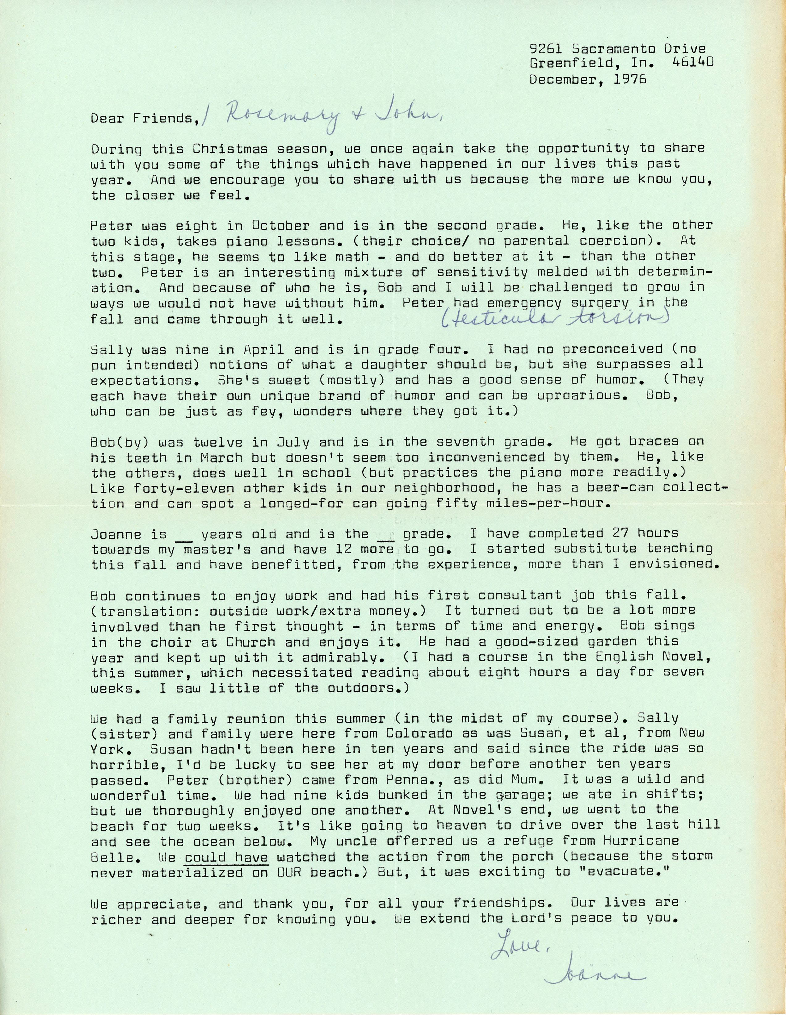 Christmas letter from Joanne Letsinger in Greenfield.