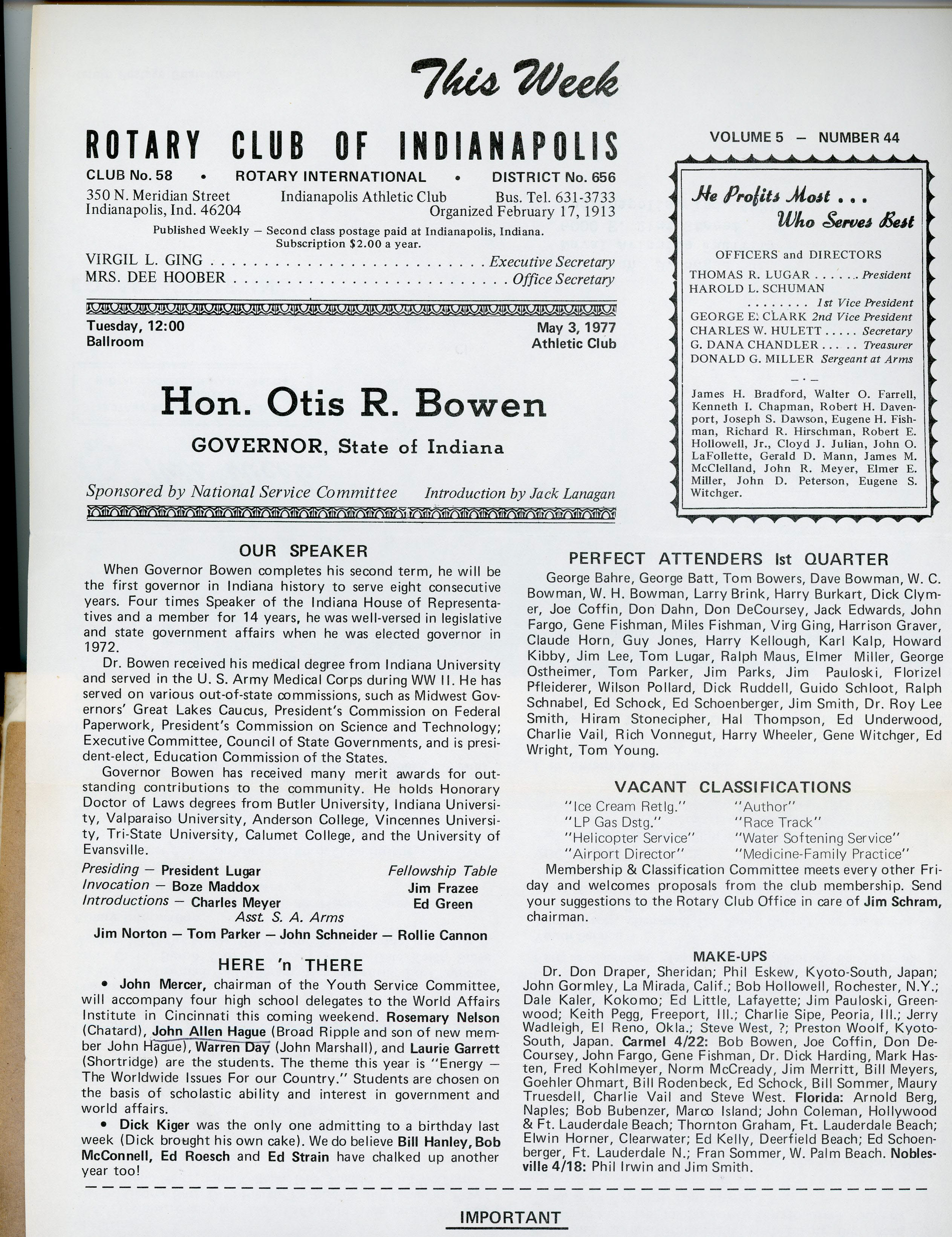 Rotary Club of Indianapolis - This week - May 3 1977. John Allen (sic) Hague mention.
