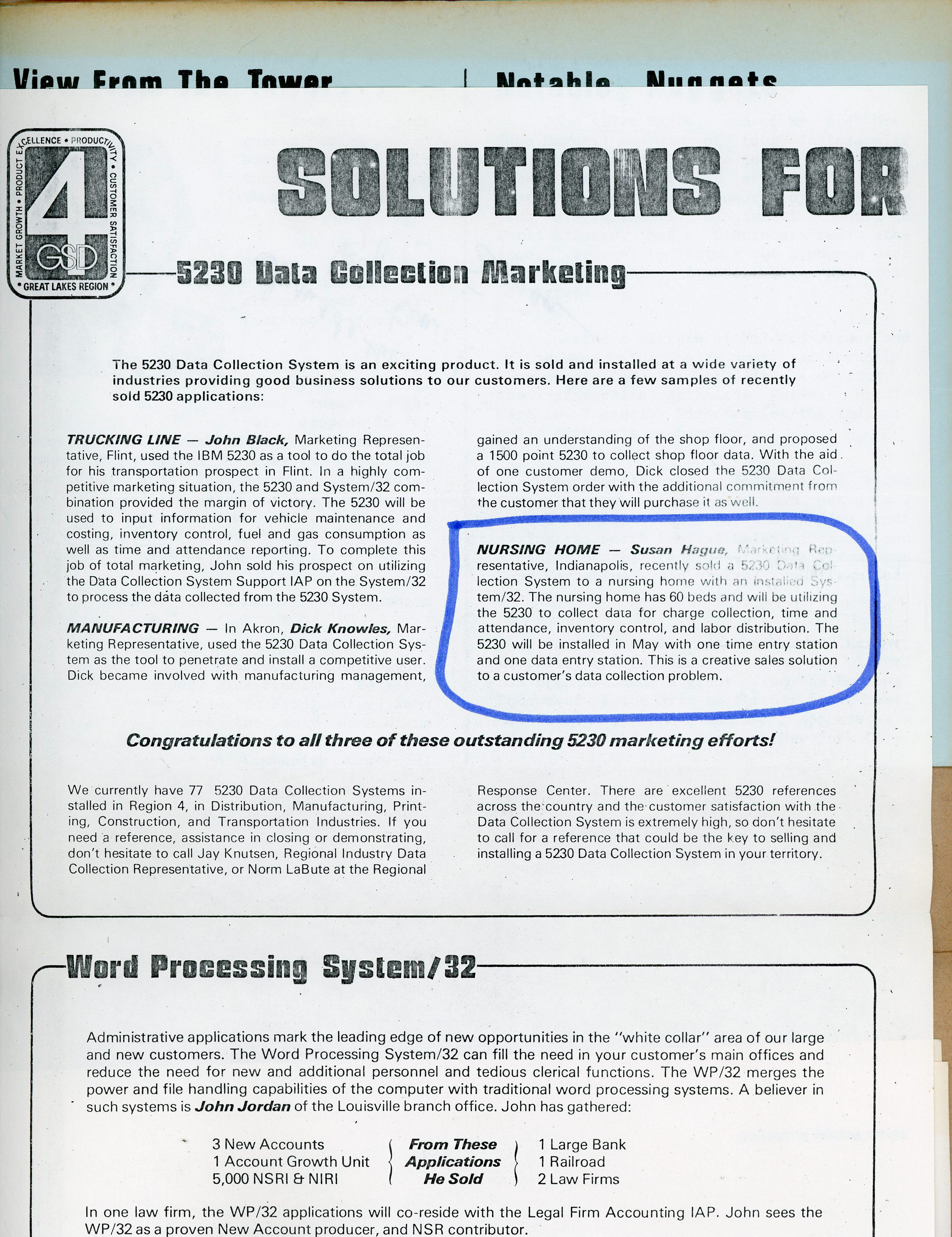 IBM newsletter - Susan sold 5230 Data Collection System.