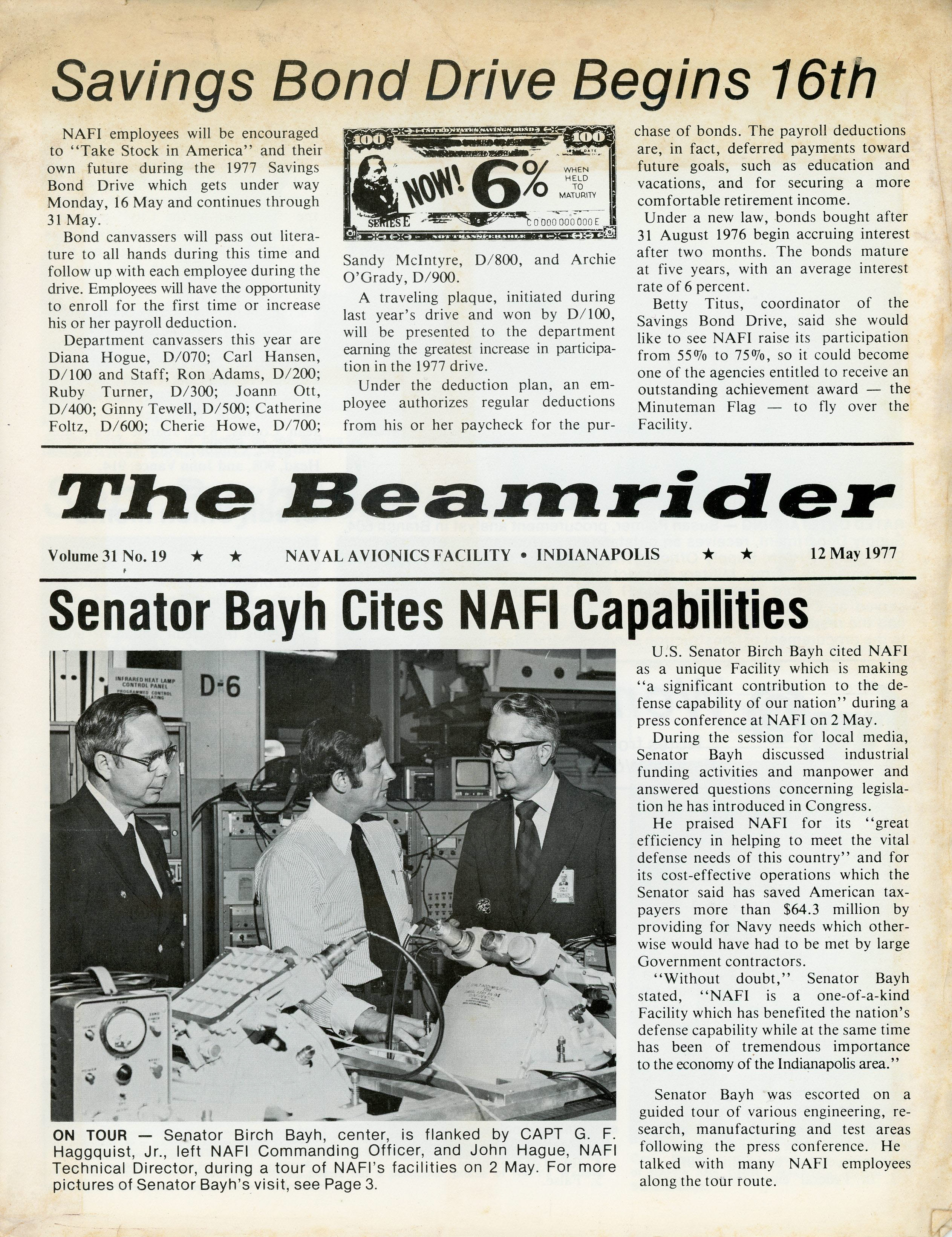 NAFI Beamrider - 12 May 1977 - Senator Bayh tour with John D Hague and Captain Haggquist.