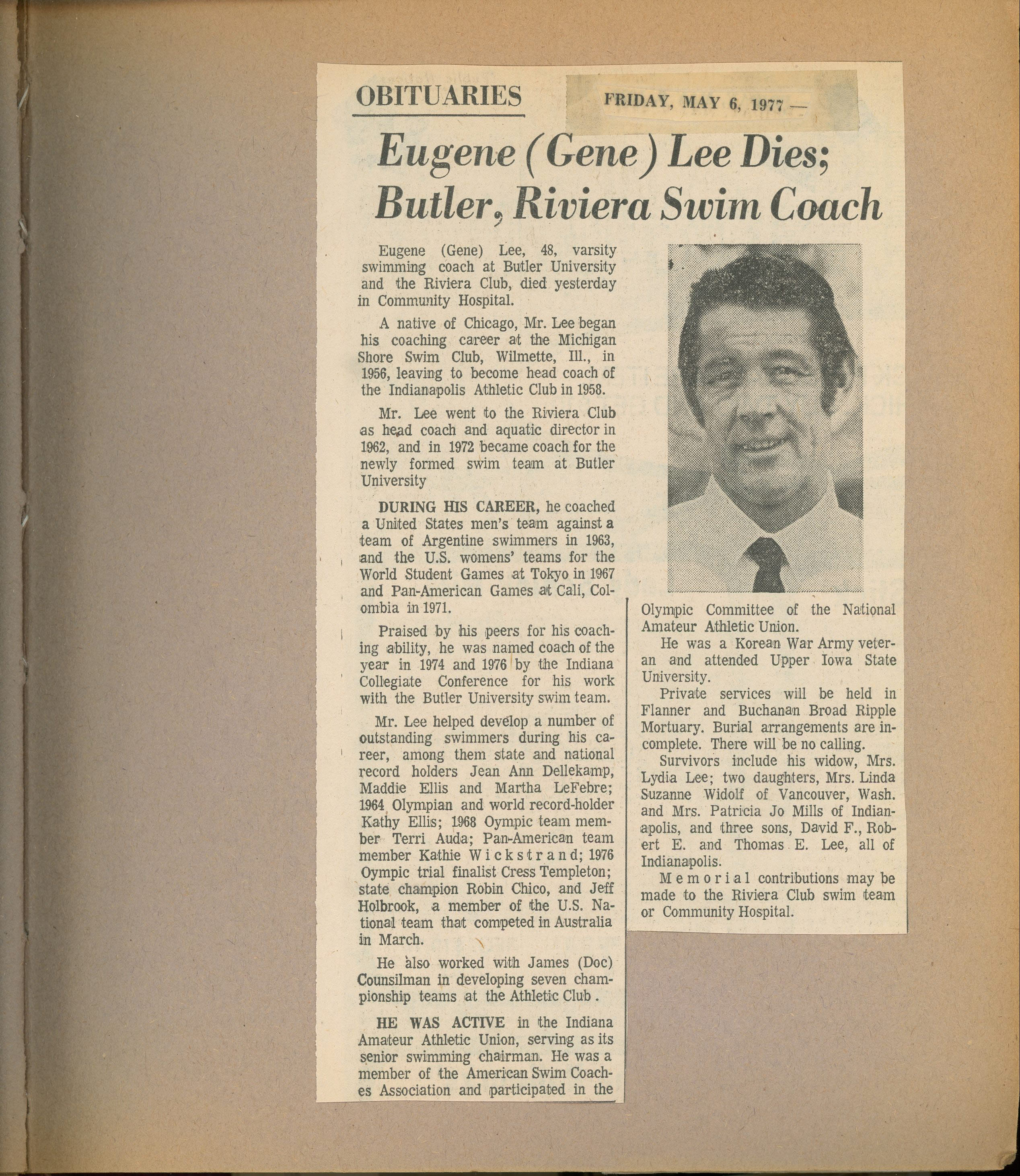 newspaper clipping - Gene Lee - Rivi swim coach obituary.