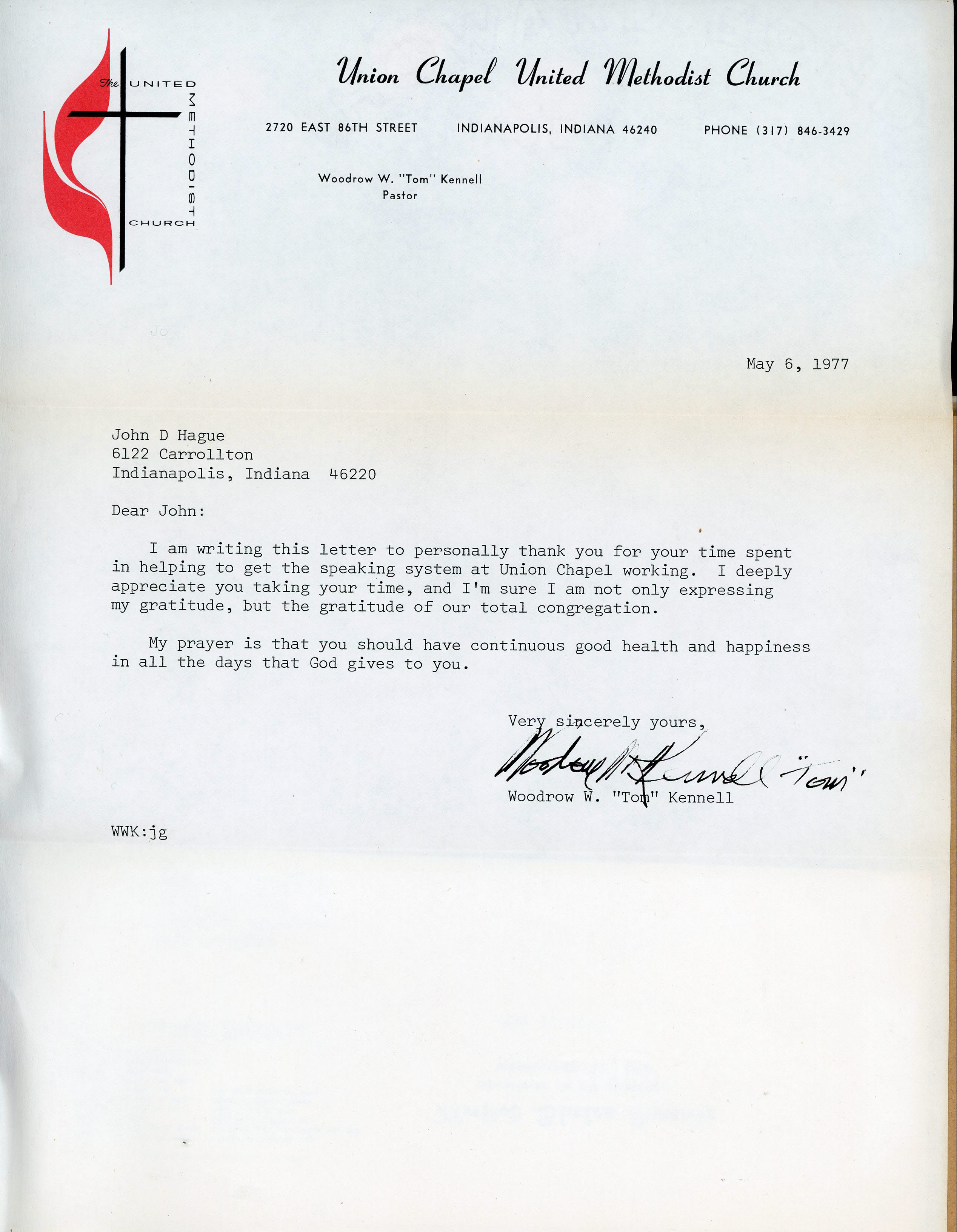 letter from Union Chapel to John Hague for speaker system