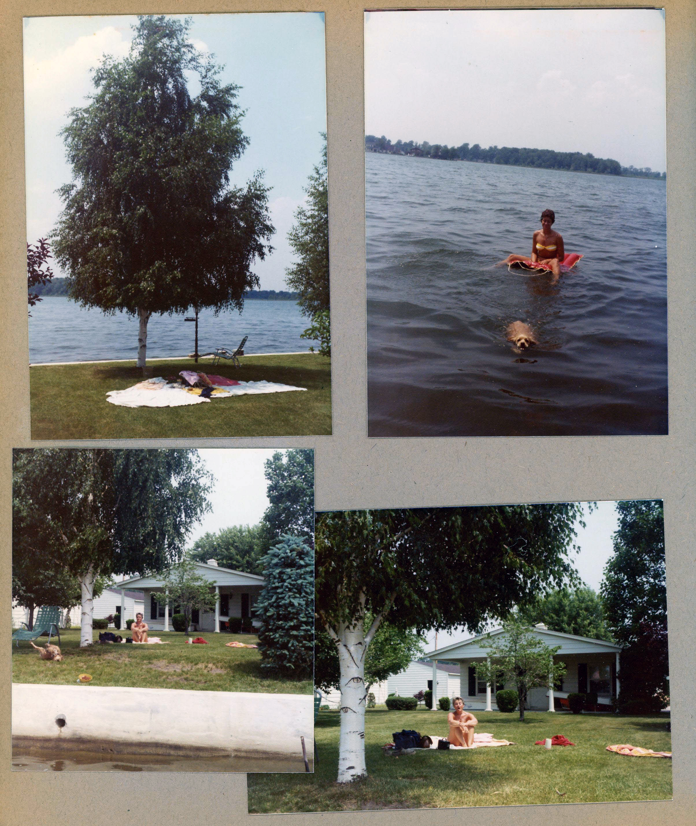 Wawasee - Front yard trees. Susan on raft, Heather in lake. House from lake - Rosemary.