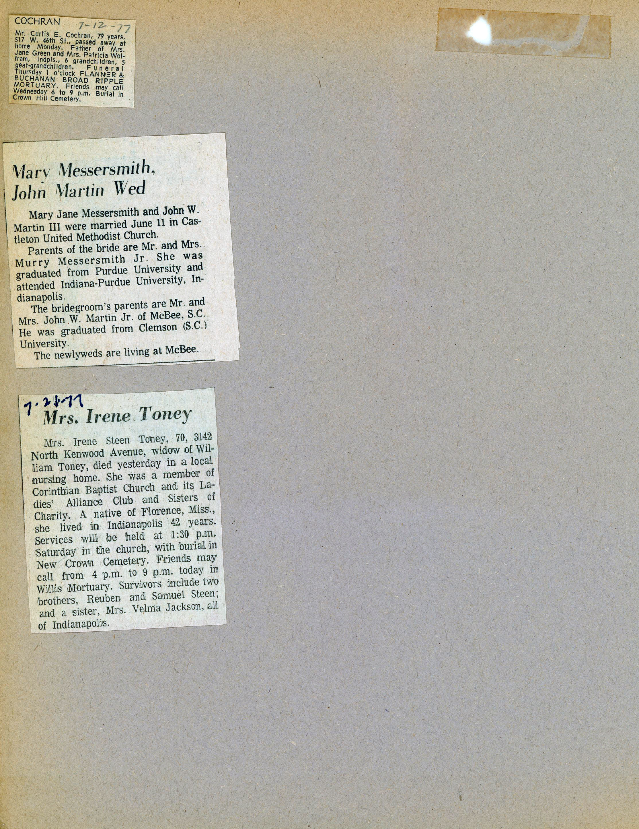 newspaper clipping - Curtis Cochran obit. newspaper clipping - Mary Messersmith wed. newspaper clipping - Irene Steen Toney obit.