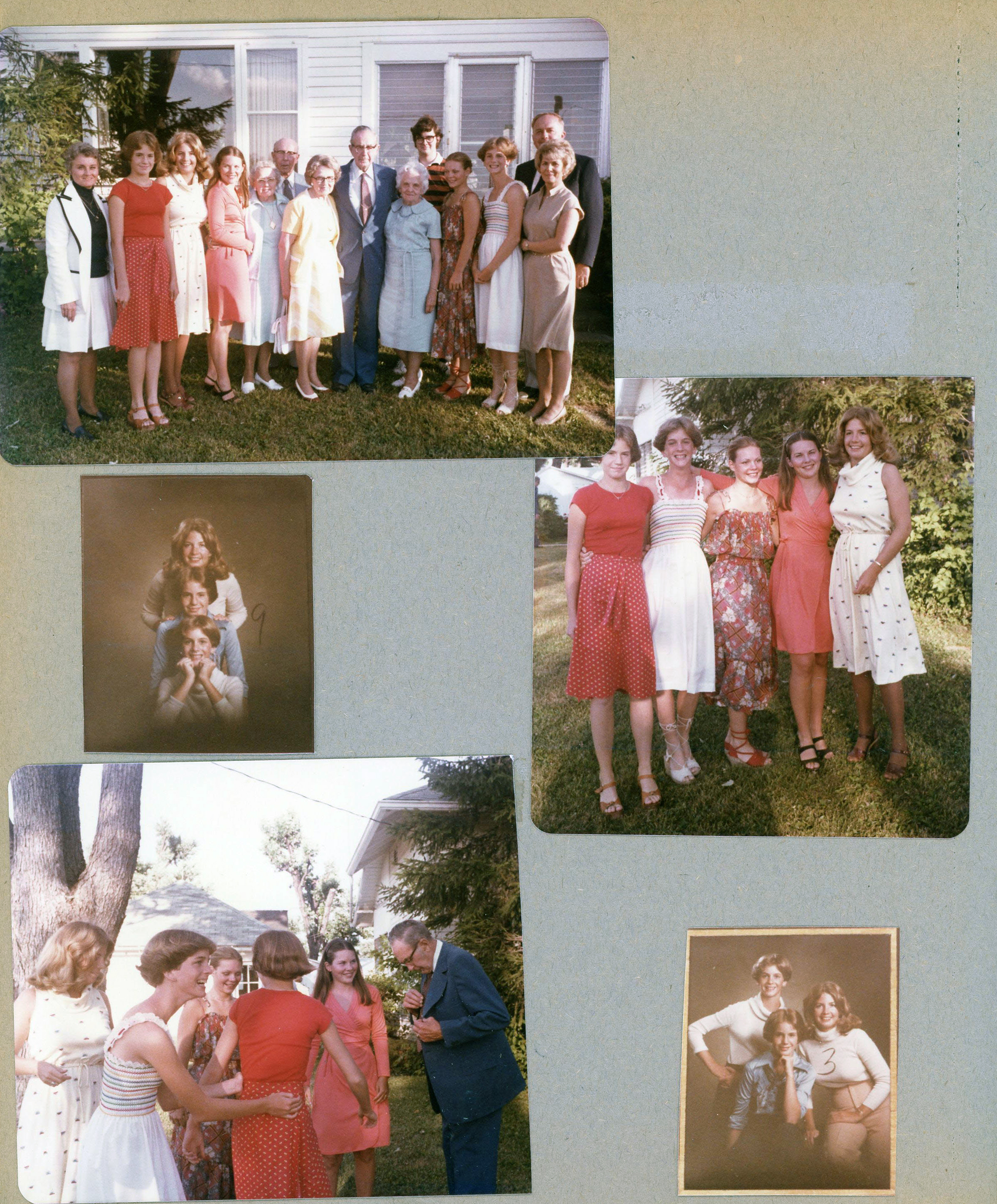 8815 Haverstick yard next to house - Rosemary, Nancy, Karen, Ronna, Edna, Russell, Edith, Girstle, Helen, Alan, Tracie, Mary, Glen, Marlene. Portrait - Nancy, Mary, Karen.