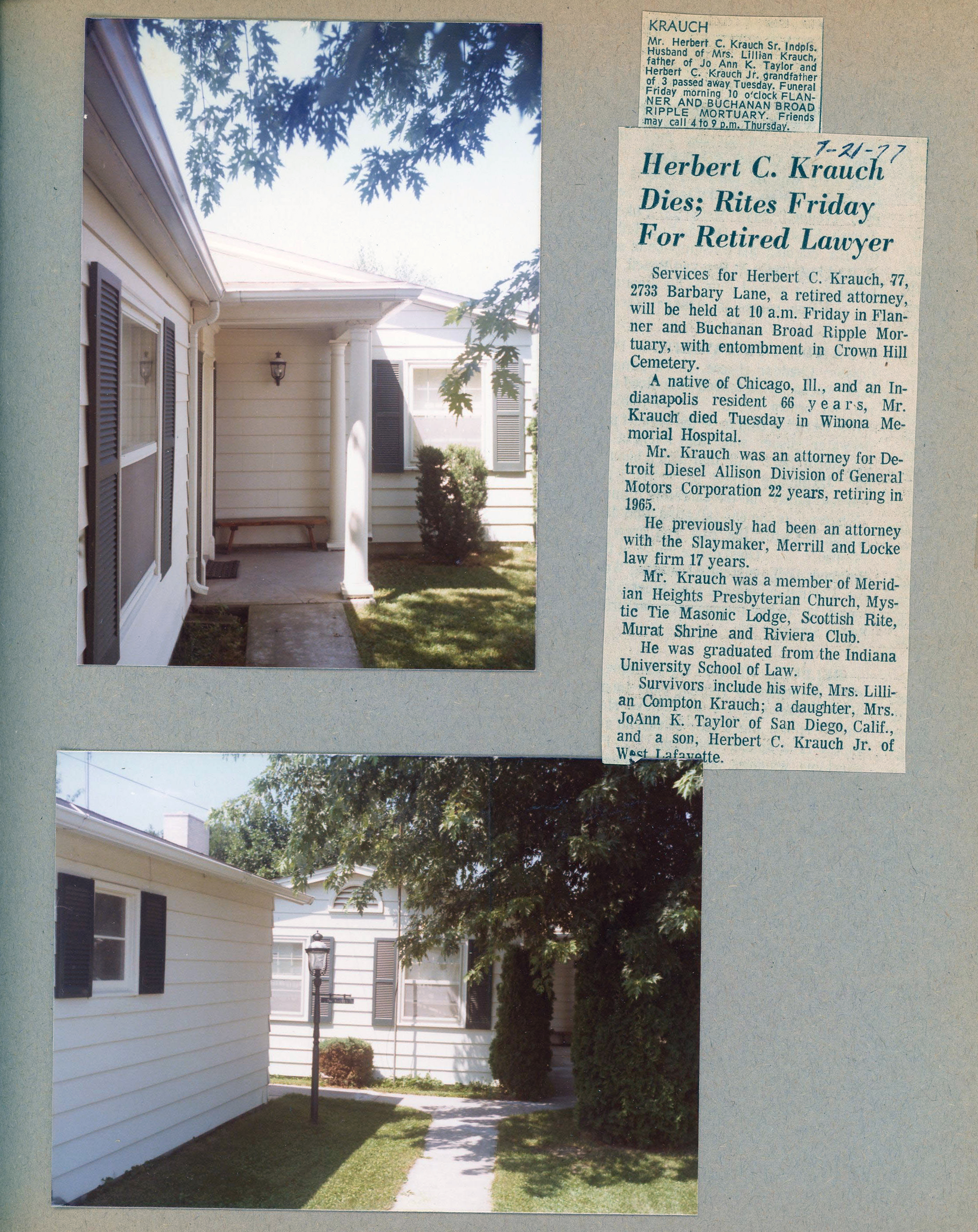 newspaper clipping - Kerbert Krauch obituary (Rosemary's friend, JoAnne Krauch's father). Wawasee - back boor area and garage.